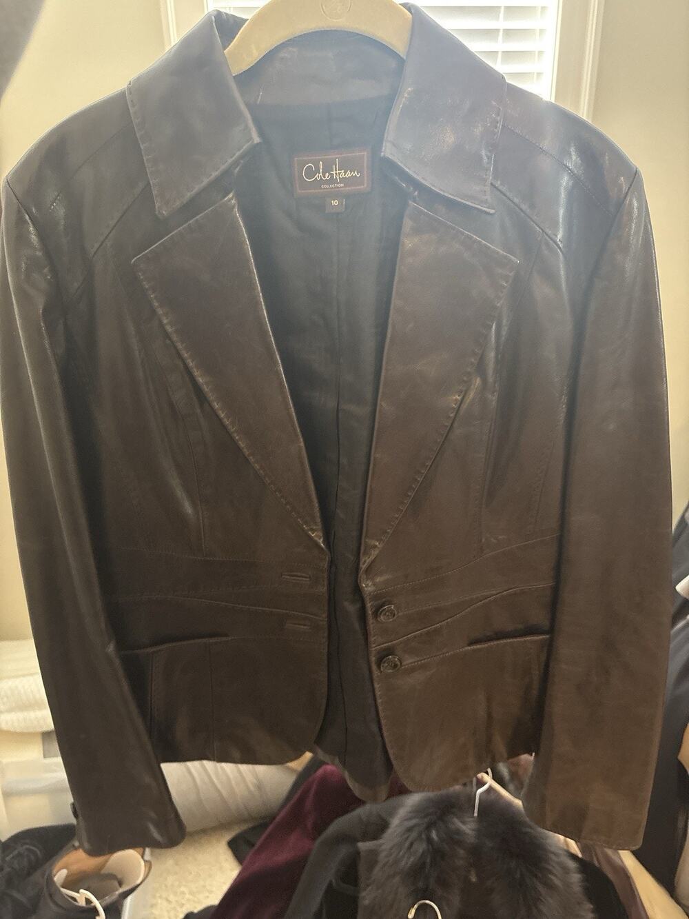 Cole Haan Collection Lambskin Leather 2-Button Blazer Jacket Womens 10 Brown